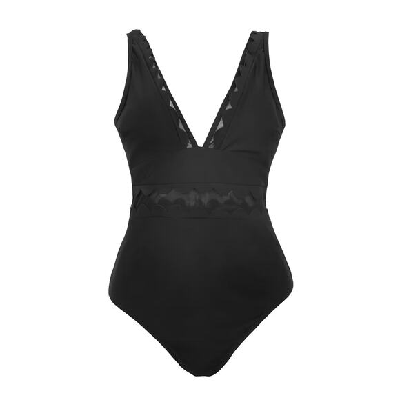 Cupshe Black Scalloped Edge V Neck One Piece Bathing Suit Swim NWT US L - Picture 1 of 9